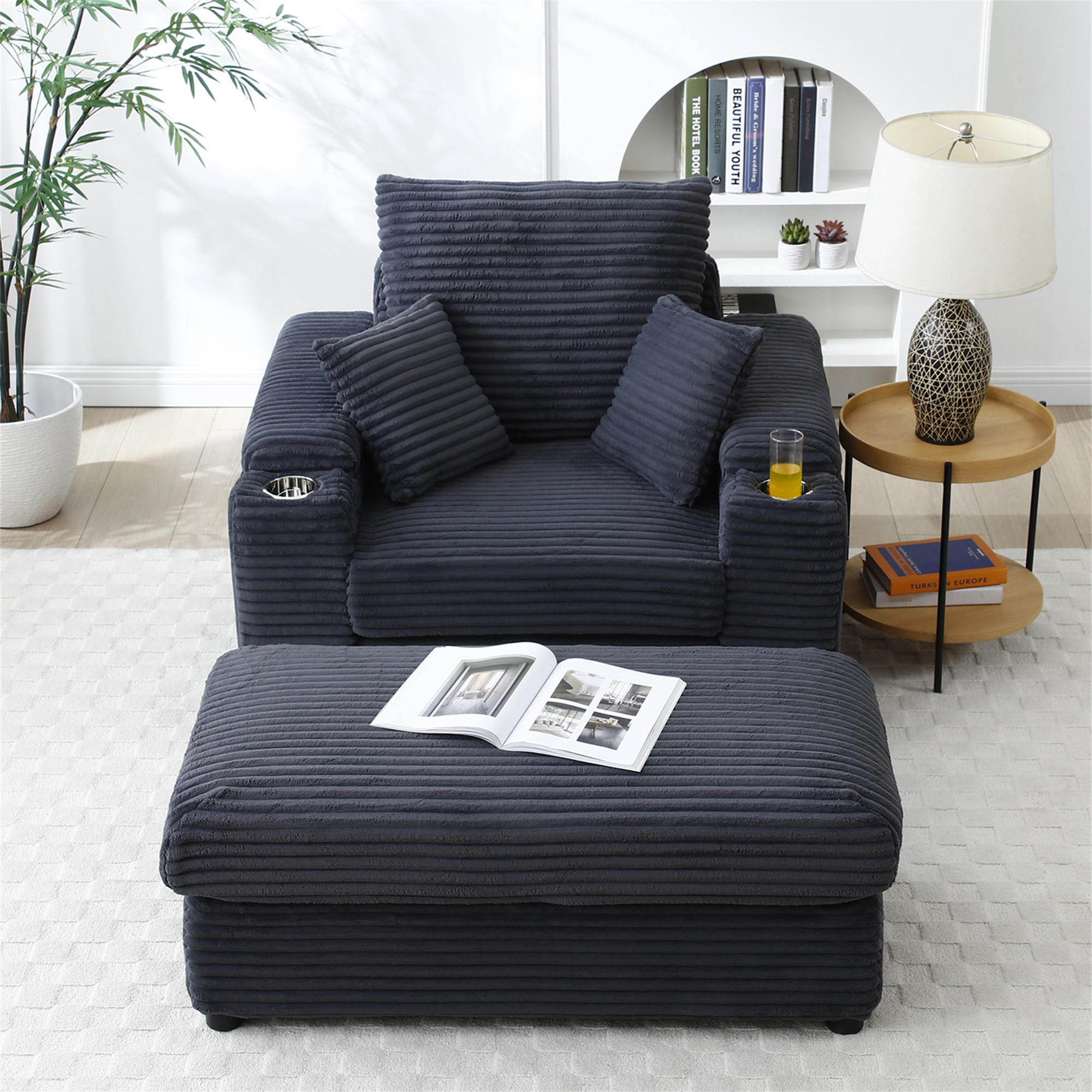 Aukfa Oversized Chaise Lounge Indoor Chair with 2 Cupholders, Storage Ottoman, 3 Pillows, Gray