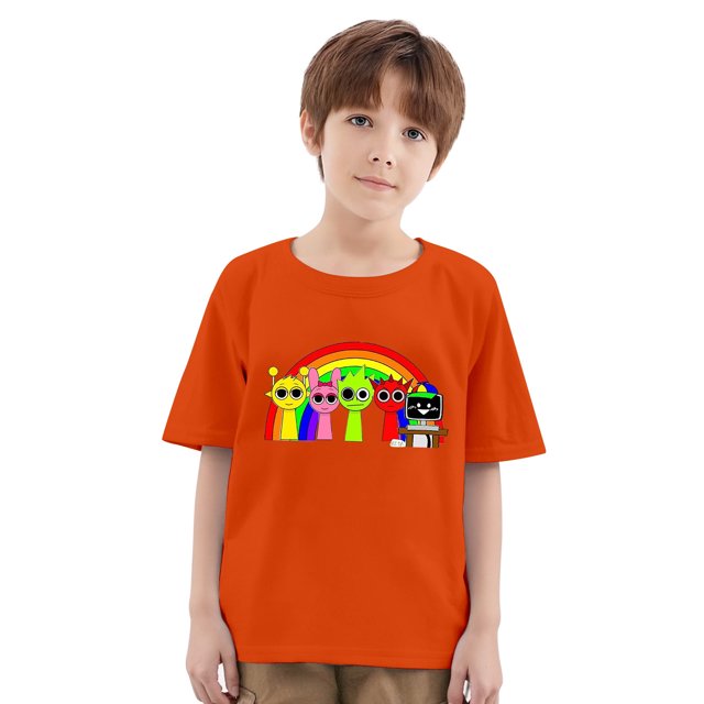 XDZJLR T-Shirt Enfant Thème Musique Sprunki Manches Courtes Col Rond Imprimé pour Garçons Filles Orange 2-3 Ans