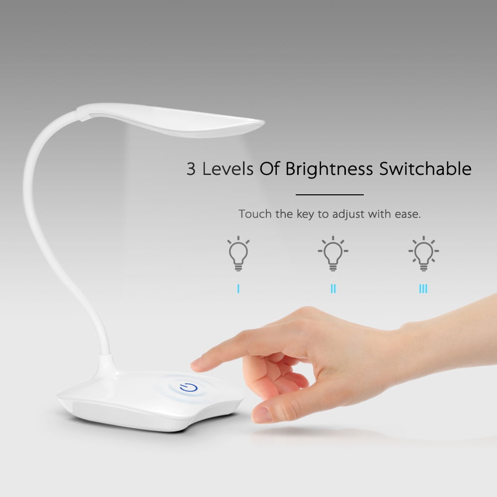 Portable LED Desk Lamp with 3 Dimmable Brightness Touch Control, Ultralight White USB Port Rechargeable Eye-Caring Table Light with 360° Rotatable Head Flexible Hose for Studying Reading Working