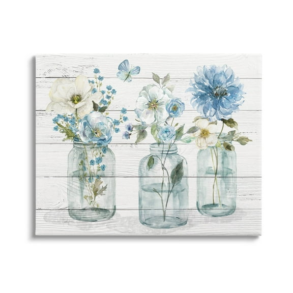 Blue Country Jar Bouquets Botanical & Floral Graphic Art Gallery Wrapped Canvas Print Wall Art