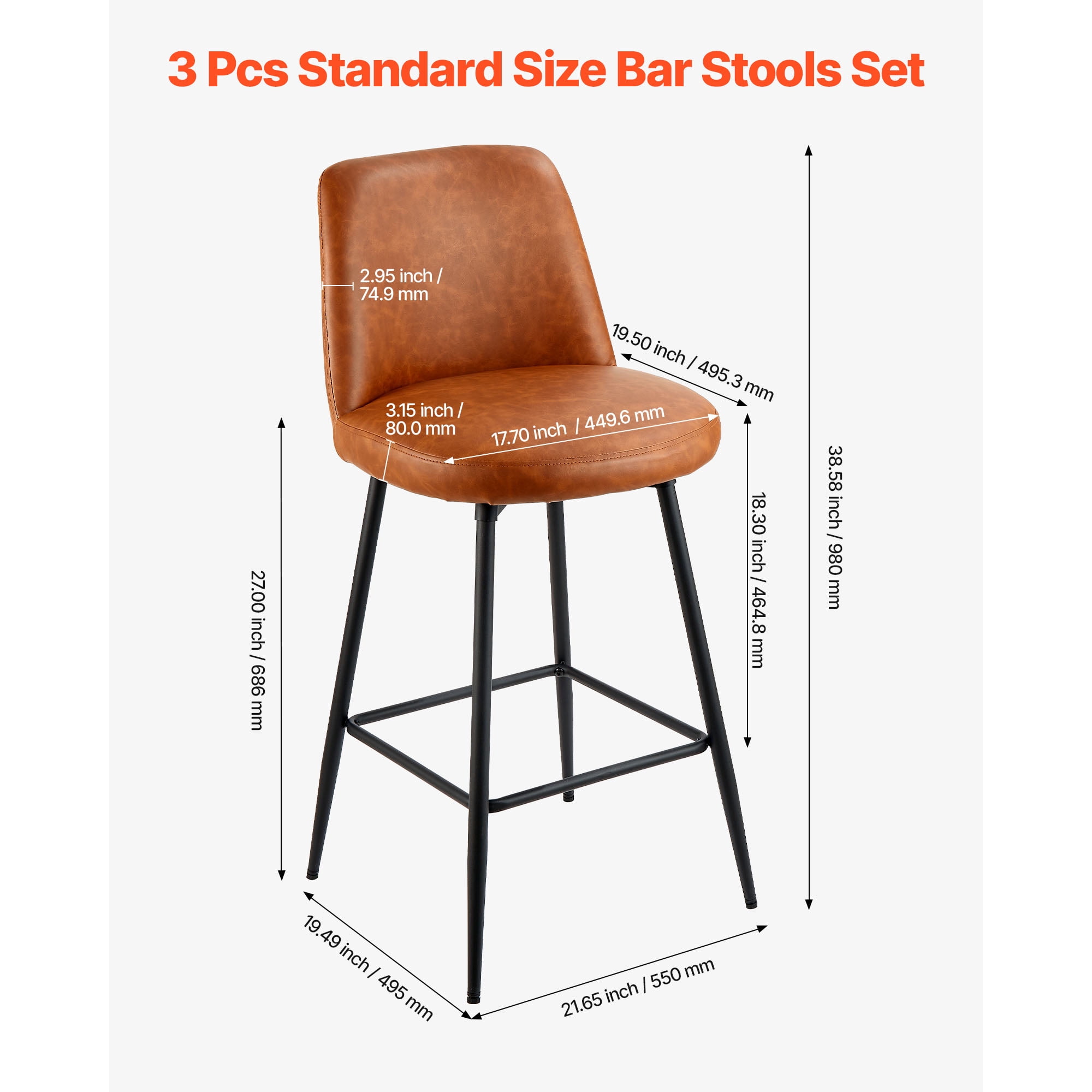 KFFKFF Set of 3 Counter Height Swivel Bar Stools, 27-Inch Modern PU Leather Chairs with Backrest and Metal Legs, Armless Design for Kitchen and Dining Room, Brown