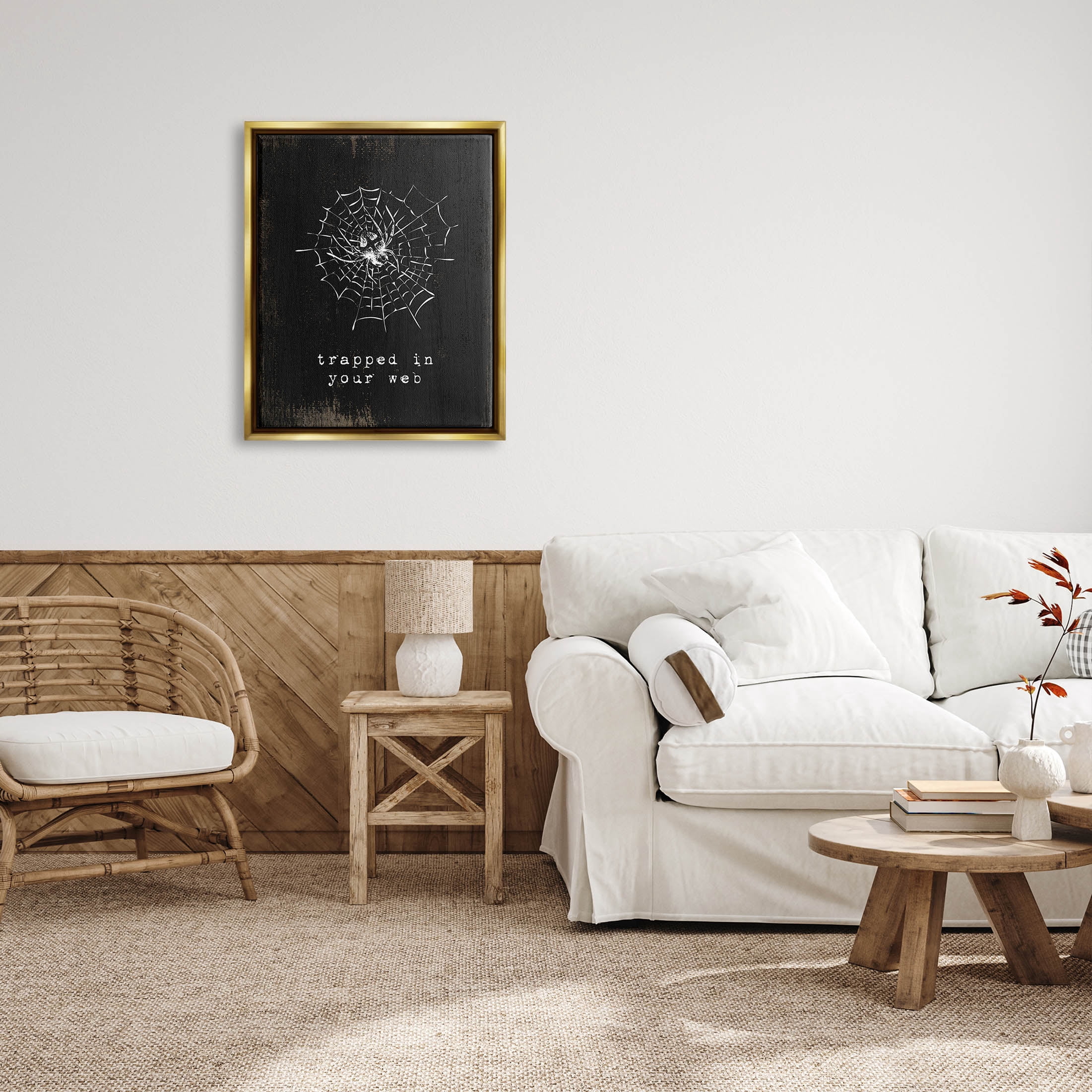 Stupell Industries Trapped In Your Web Spider Graphic Art Metallic Gold Floating Framed Canvas Print Wall Art, Design by Lil' Rue