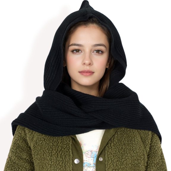 Women's Knitted Hooded Scarf with Versatile Design and Warm Ribbed Texture for Stylish Comfort and Winter Protection-Black