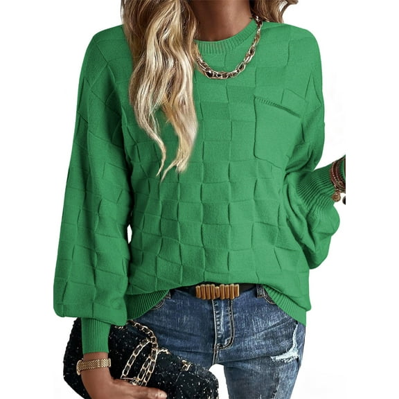 Eytino Sweater for Women Casual Crewneck Long Sleeve Sweaters Checkered Knit Pullover Tops Fall Sweater Dark Green Size L