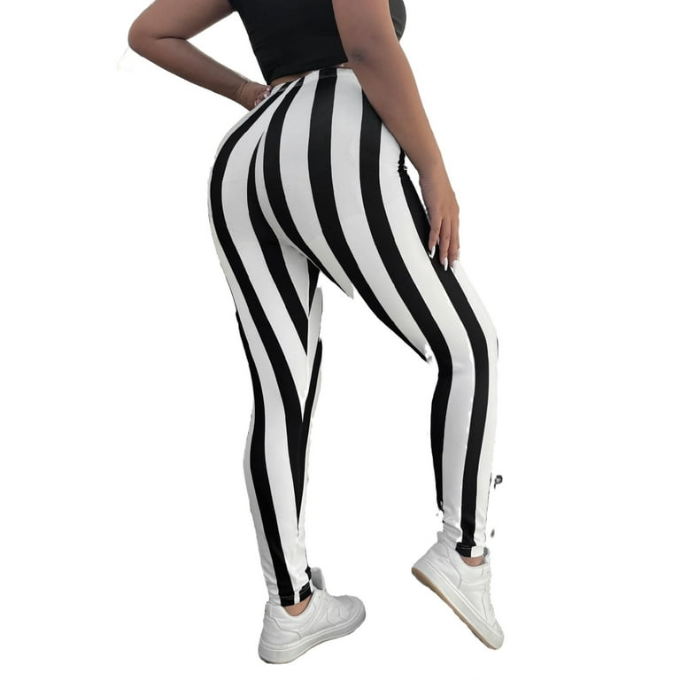 Women s Casual Striped Regular Black and White Plus Size Leggings