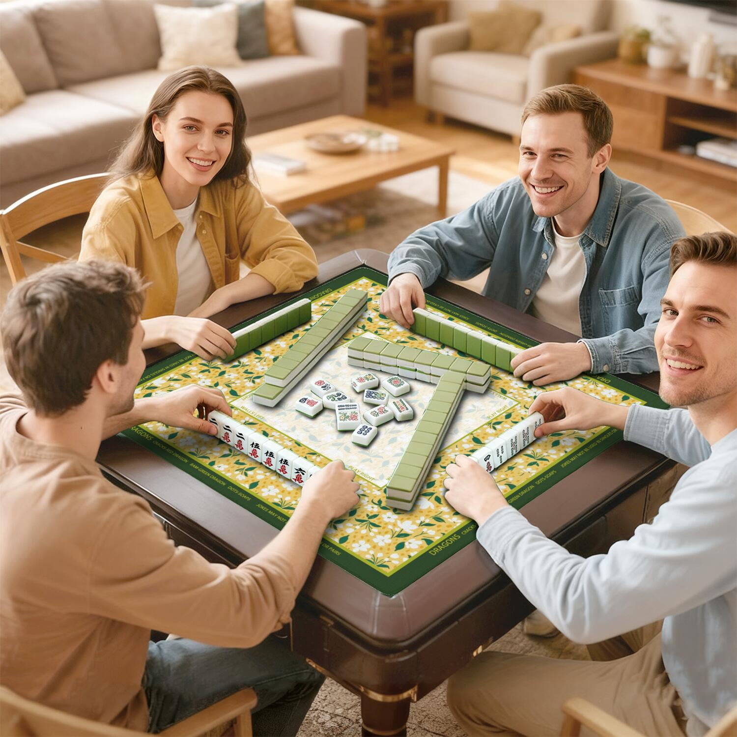 Lemon Mahjong Mat with Rules, 31.5*31.5in Anti Slip American Mahjong Mat for Table, Noise Reduction, Neoprene Mah jongg Mats with Carrying Bag & 3 Dices, Mahjong Supplies Gift, Board Tile Games Mats