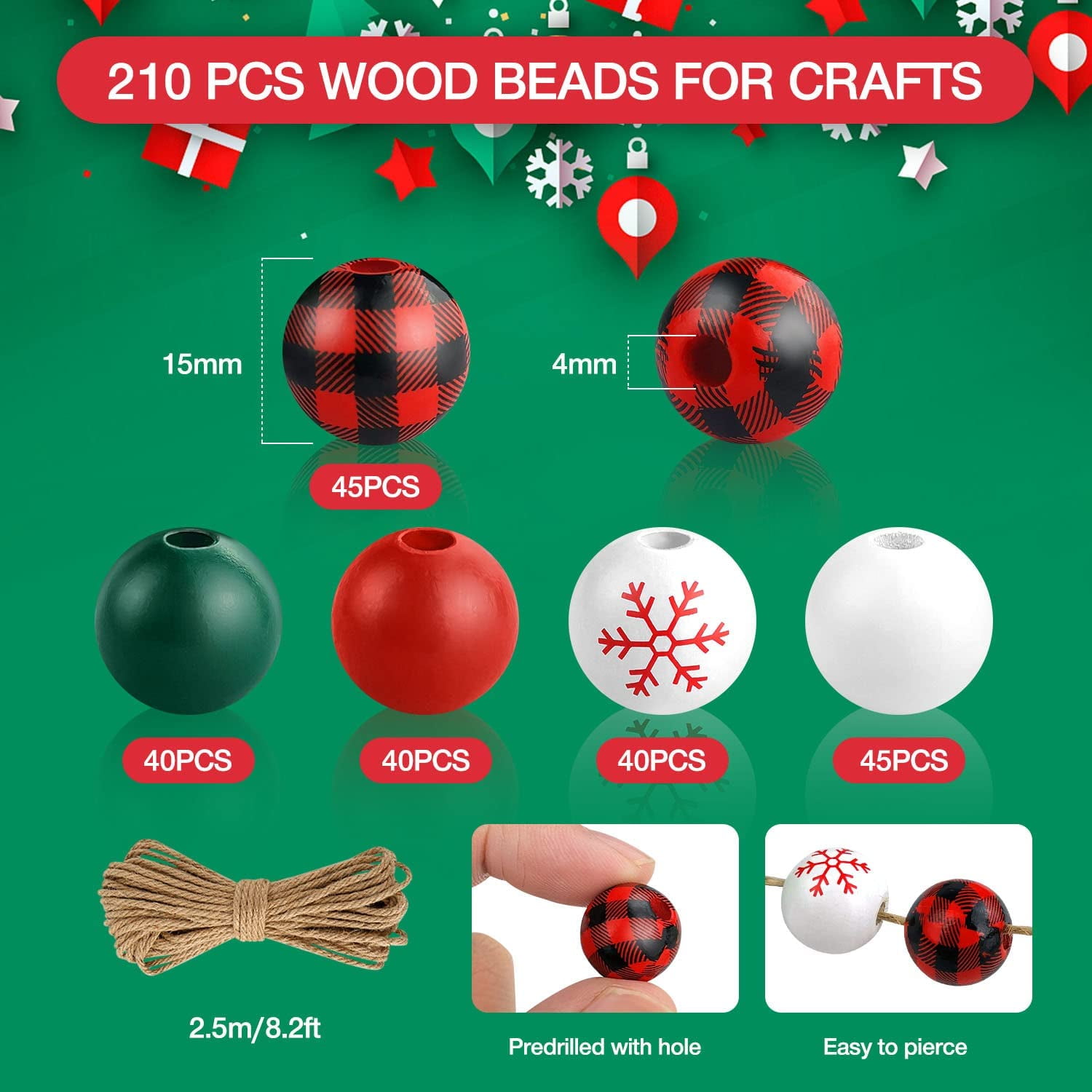 200 Pieces Christmas Wooden Beads Red White Natural Green Wood Spacer Beads  Assorted Color Round Loose Beads for Craft Jewelry Making Garland Holiday  Party Supplies