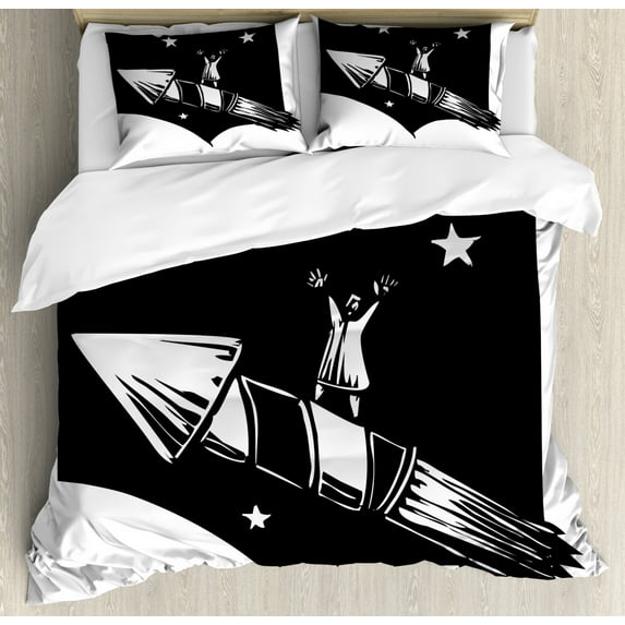 Adventure Duvet Cover Set Queen Size, Fireworks Ride Stars Sky Monochrome Woodcut Style Illustration Print, Decorative 3 Piece Bedding Set with 2 Pillow Shams, Charcoal Grey and White, by Ambesonne