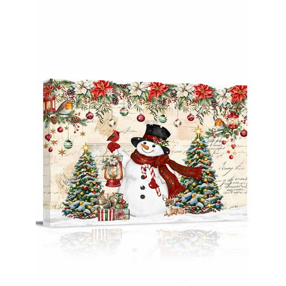 Christmas Snowman Canvas Print Wall Art Framed Canvas Art Wall Decor Xmas Tree Poinsettia Balls Winter Vintage Pictures Painting Morden Artwork for Living Room Bedroom, Ready to Hang - 12"x16"