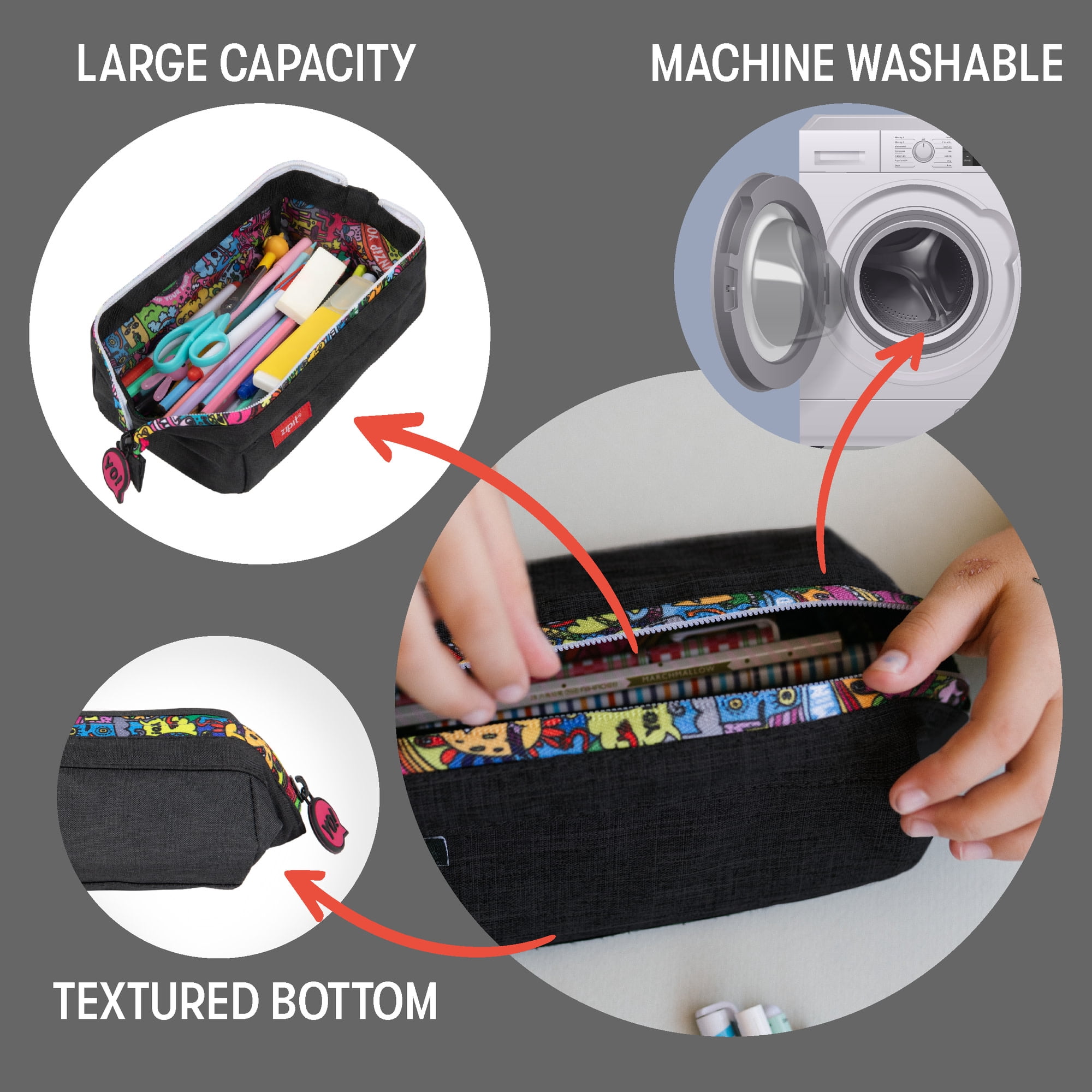 ZIPIT: Lenny Pencil Case - Black & Doodles - Large Storage Capacity Zipper Pouch, Makeup-Stationery Bag, School, Washable Polyester, Kids-Teens-Adults