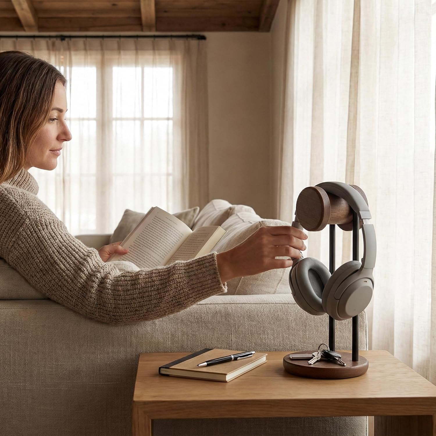 Fenge Headphone Stand with Storage Base, Desktop Headset Holder, Brown