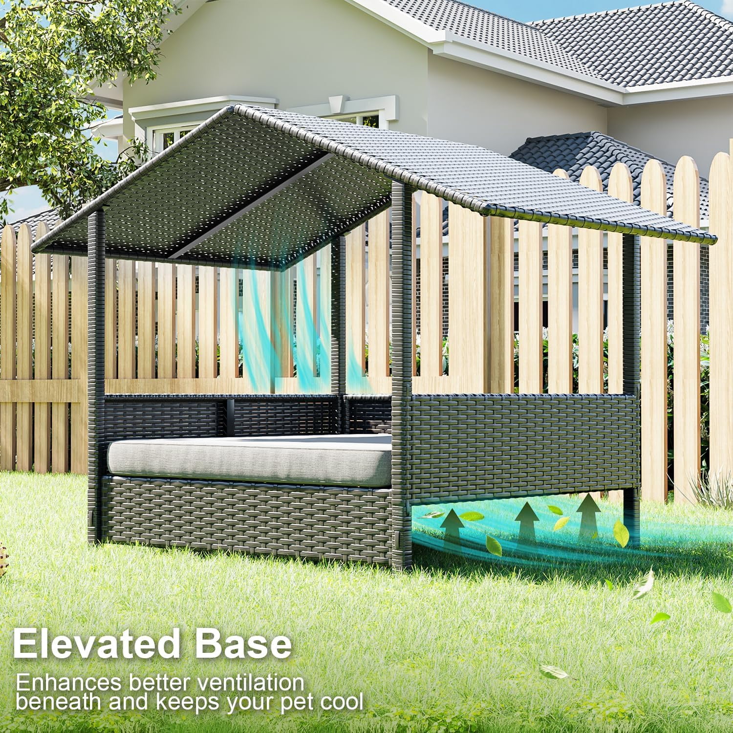 Wicker Dog House Outdoor Indoor with Canopy and Removable Cushion, Elevated Rattan Dog Bed Shelter for Small/Medium Dogs, Weather Proof Cushion Cover Pet Cabana for Patio, Deck, Pool, Yard,Black