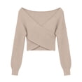 thumbnail image 3 of FRSASU Women's off the Shoulder Sweaters V-Neck Long Sleeve Slim Fit Ribbed Knit Fall Trendy Elegant Crop Tunic Pullover Tops Khaki, 3 of 6