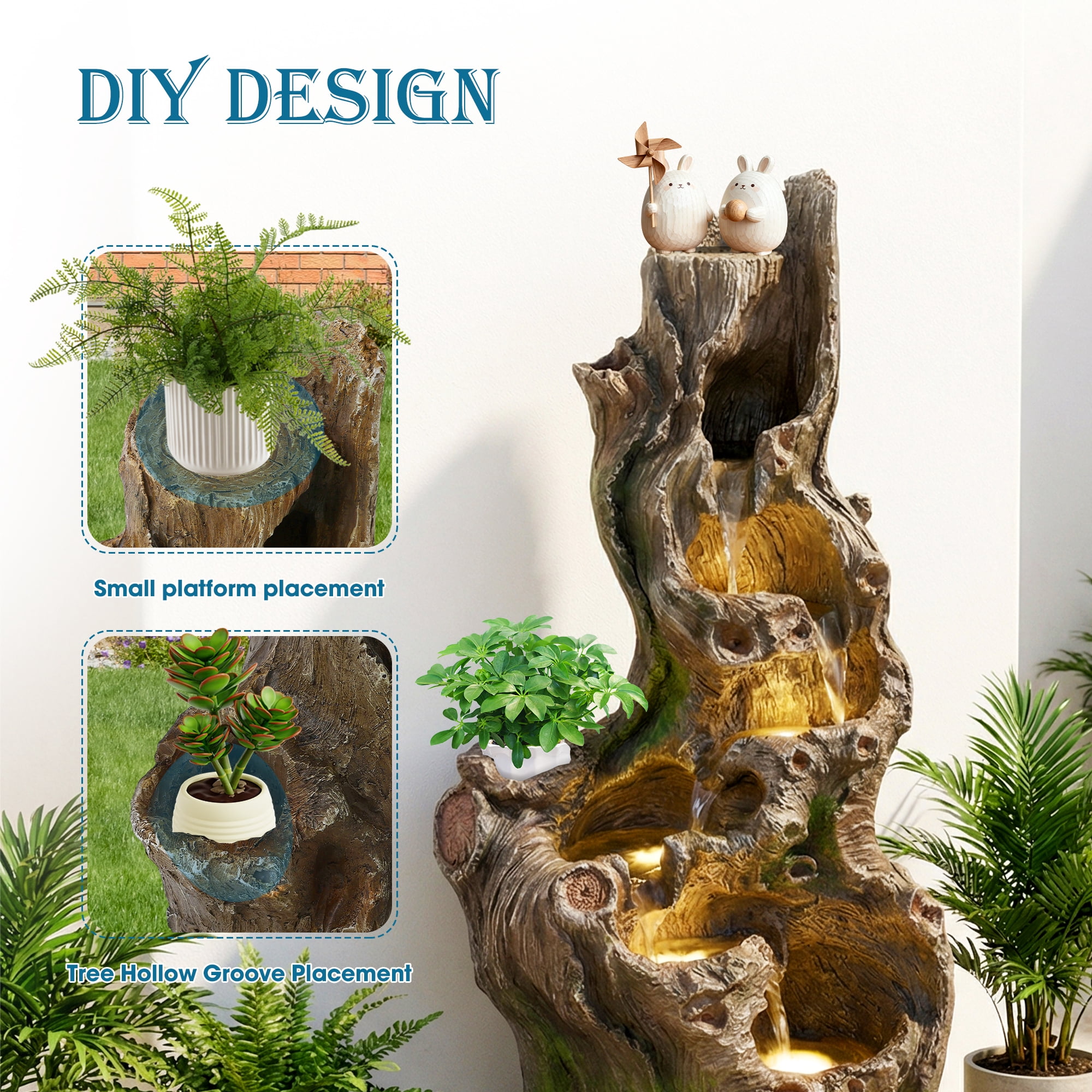 Haverchair 40''H Cascading Rock Water Fountain, 6-Tier Outdoor Garden Waterfall with Flower Pot & Lights, Indoor Water Feature Tree Trunk Look Decor for Garden, Patio, Backyard, Porch Home Art Decor