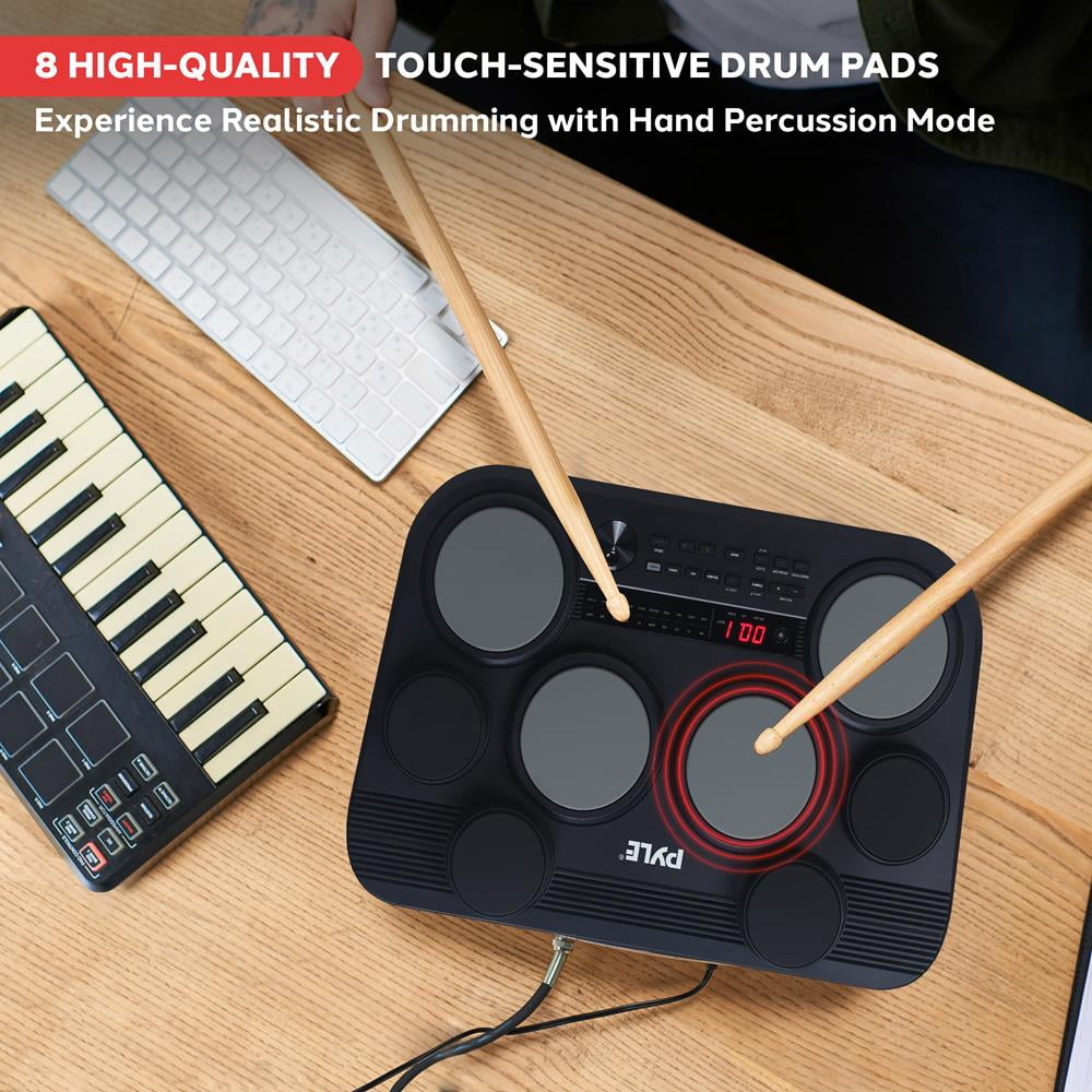 Pyle Electronic Tabletop Drum Pad Set – Portable Drum Kit with 8 Touch-Sensitive Pads, Pedals, 600 Sounds, 80 Preset Kits, USB & Headphone Outputs, MIDI/AUX Inputs (Black)