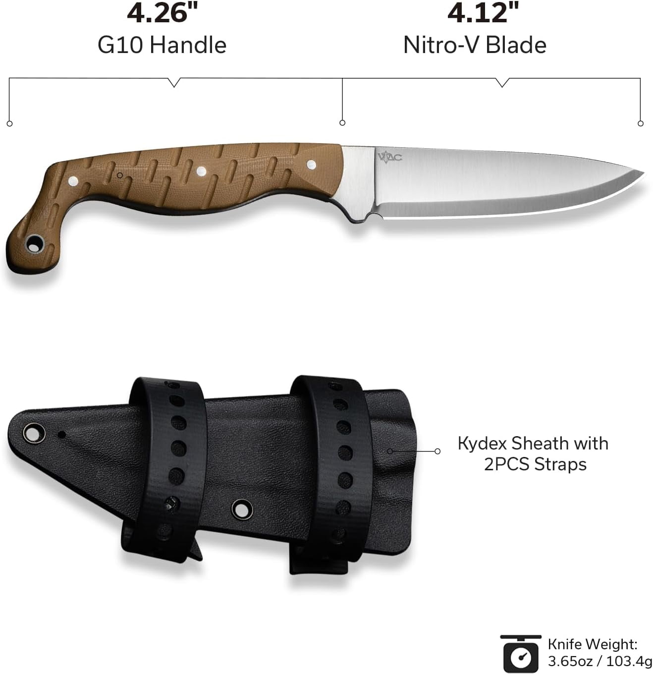 CIVIVI MDRN Hunter EDC Fixed Blade Knife with Kydex Sheath, Tactical Knife with 4.12" Nitro-V Blade G10 Handle for Survival Camping Hiking Hunting C23078-2, Gray