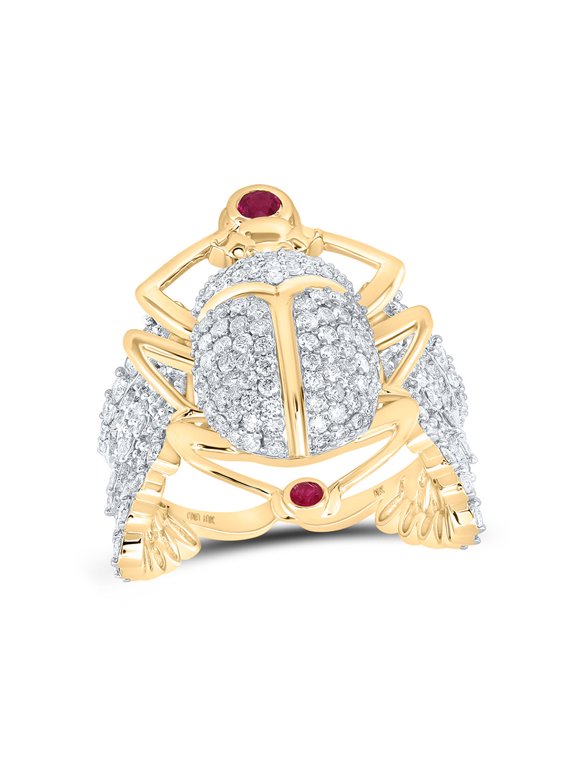 10kt Yellow Gold Mens Round Ruby Diamond Scarab Band Ring 2-3/8 Cttw