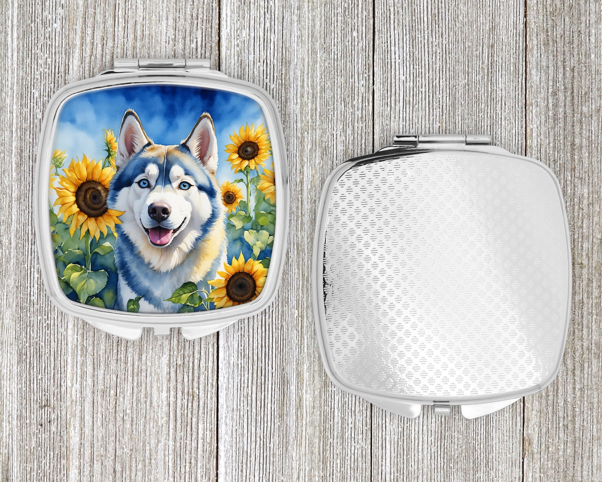 Siberian Husky in Sunflowers Compact Mirror 2.75 in x 3 in