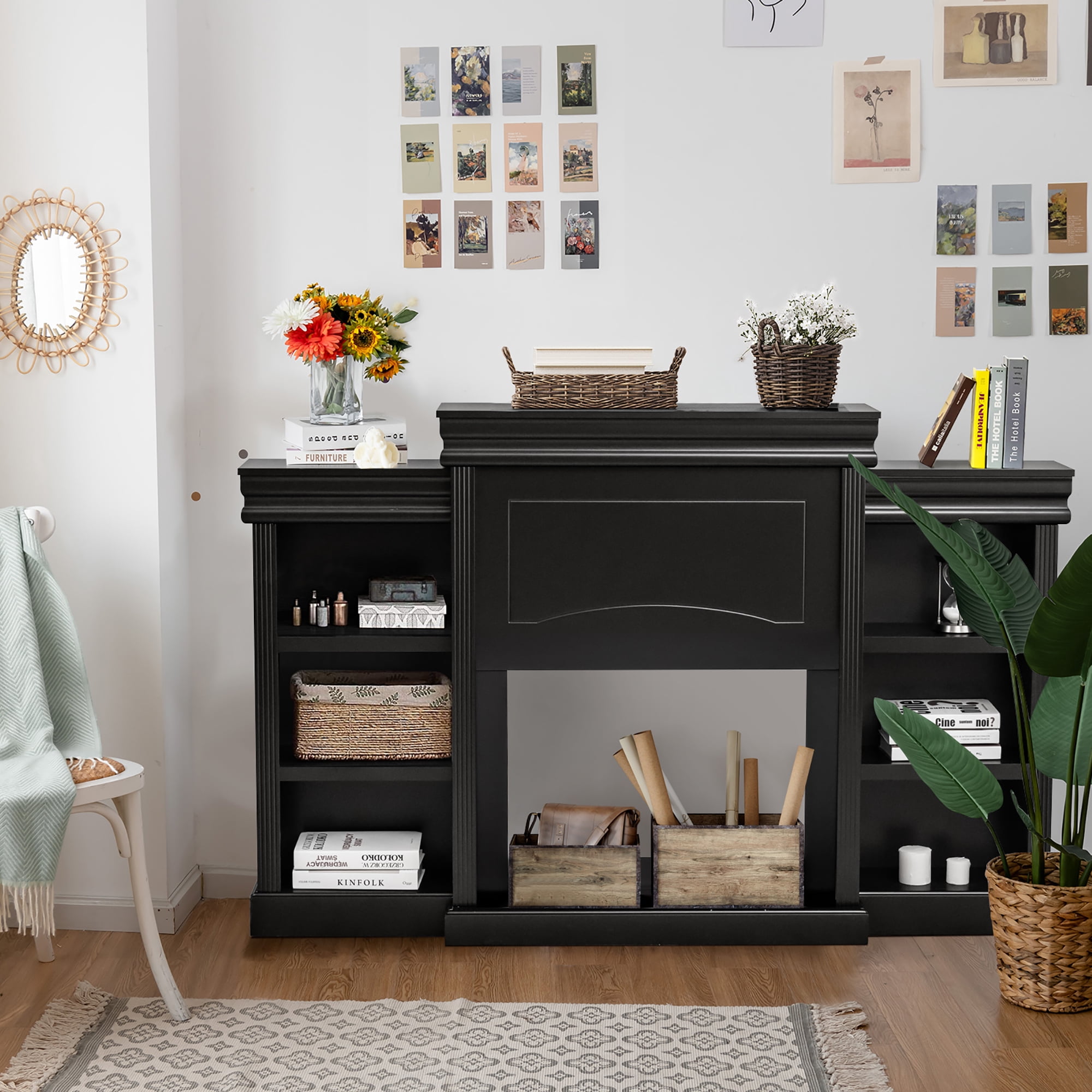 Costway 70'' Fireplace TV Stand Modern Media Entertainment Center Bookcase Black
