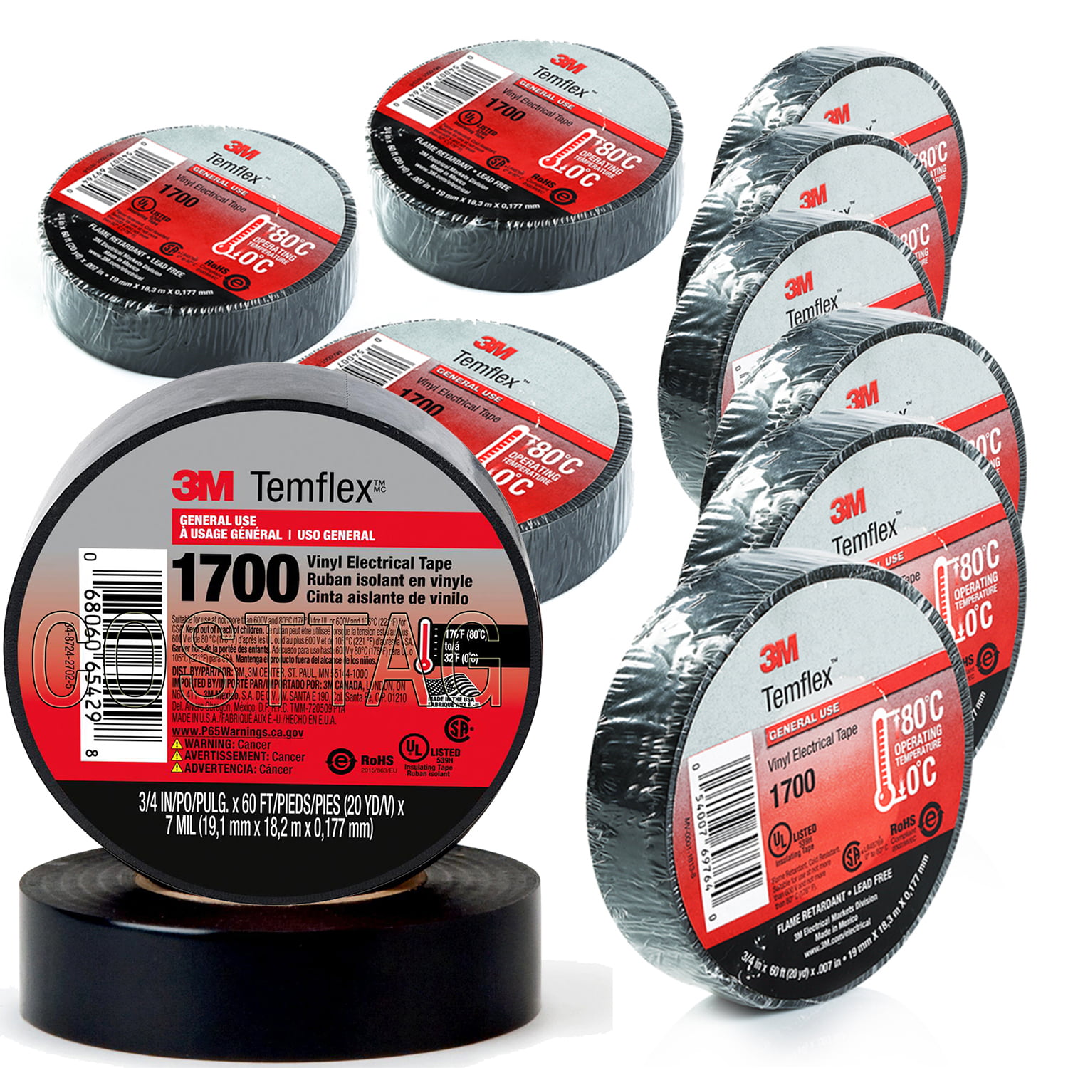 4 ROLLS 3M TEMFLEX 1700 ELECTRICAL TAPE BLACK 3/4" x 60 FT INSULATED ELECTRIC 