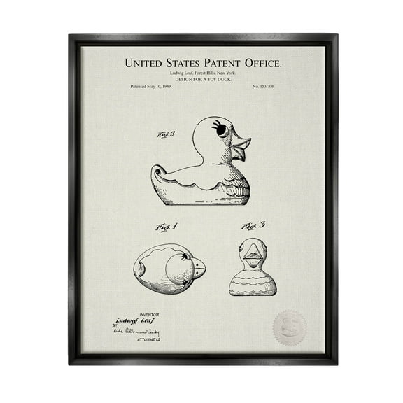Stupell Industries Vintage Duck Toy Patent Graphic Art Jet Black Floating Framed Canvas Print Wall Art, Design by Karl Hronek