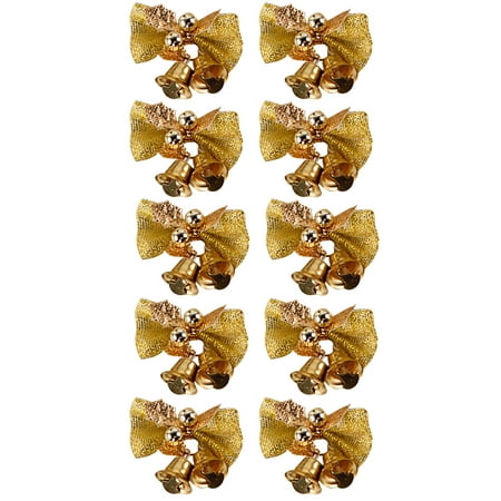 

Pnellth 10Pcs Christmas Bowknot Golden/Green Leaf Metal Bells Anti-fade Reusable Bright Color Festival Props Polyester Xmas Tree Wreath Mini Bow Pendant for Party