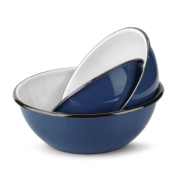 Novomoskovsjka Posuda Valentine Enamel Serving Bowl Set of 3 pcs Shatterproof Enameled Steel Fruit and Salad Bowls for Cooking Enamel Mixing Bowl for Indoor and Outdoor Use Floral, Navy Blue
