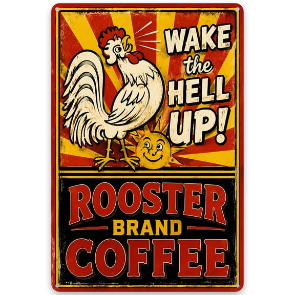 Rooster Coffee Vintage Metal Sign - Rustic 8x12 Indoor/Outdoor Wall Decor, Wake the Hell Up Theme, Easy Hanging Iron Decor for Kitchen, Cafe, Weather Resistant Finish, Pre-Drilled Holes