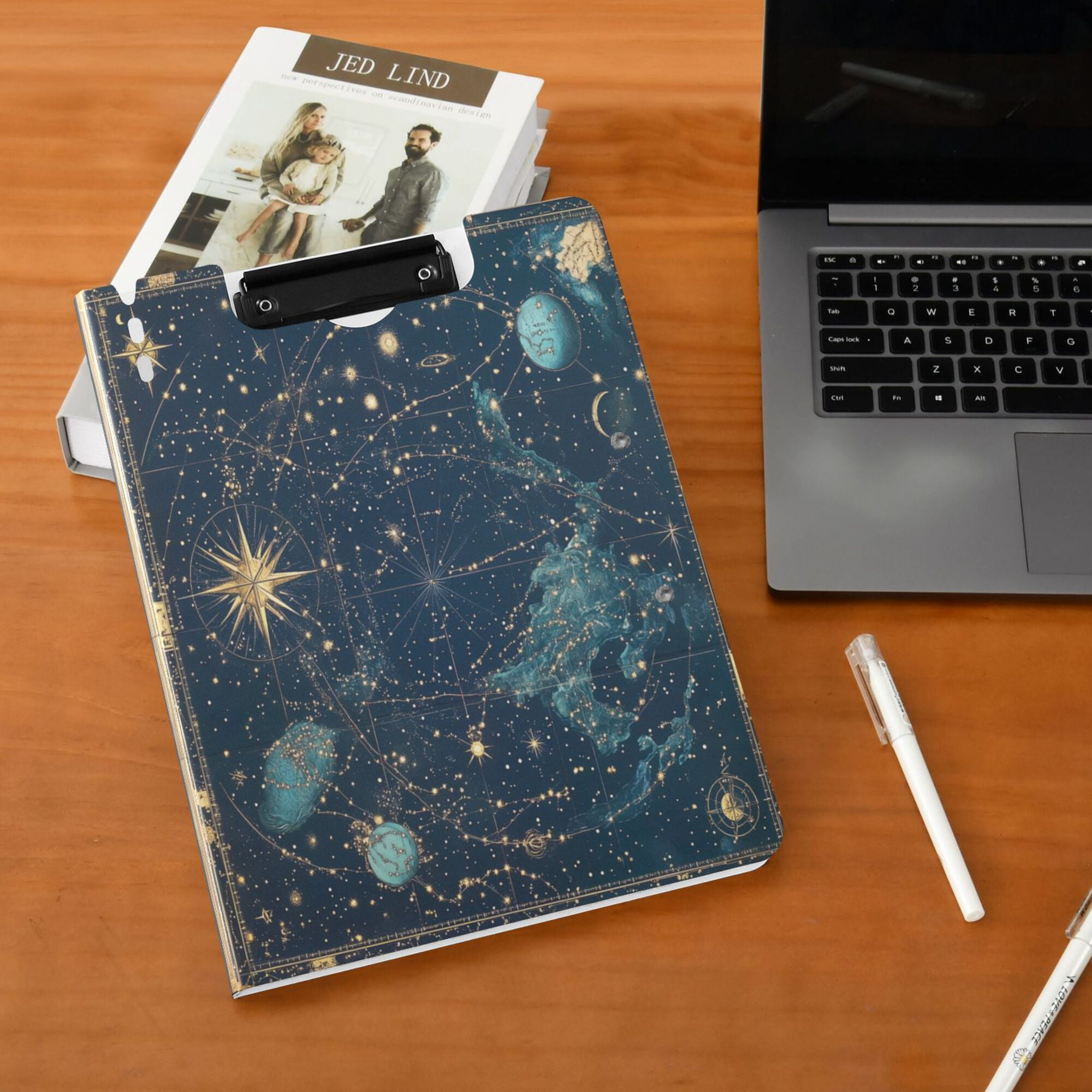FORMRS A4 Clipboard Folder with Pen Holder Horizontal Foldable School Office Binder, Dark Star Map