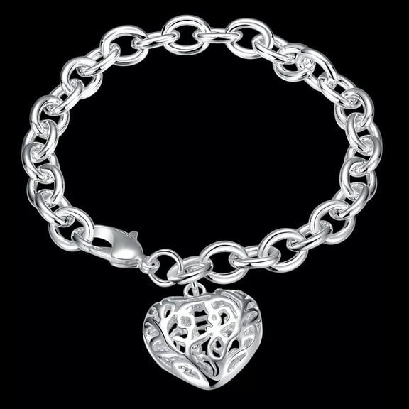 GKNET 925 Silver Charm Heart Dangle Bracelet Bangle Womens Fashion Jewelry