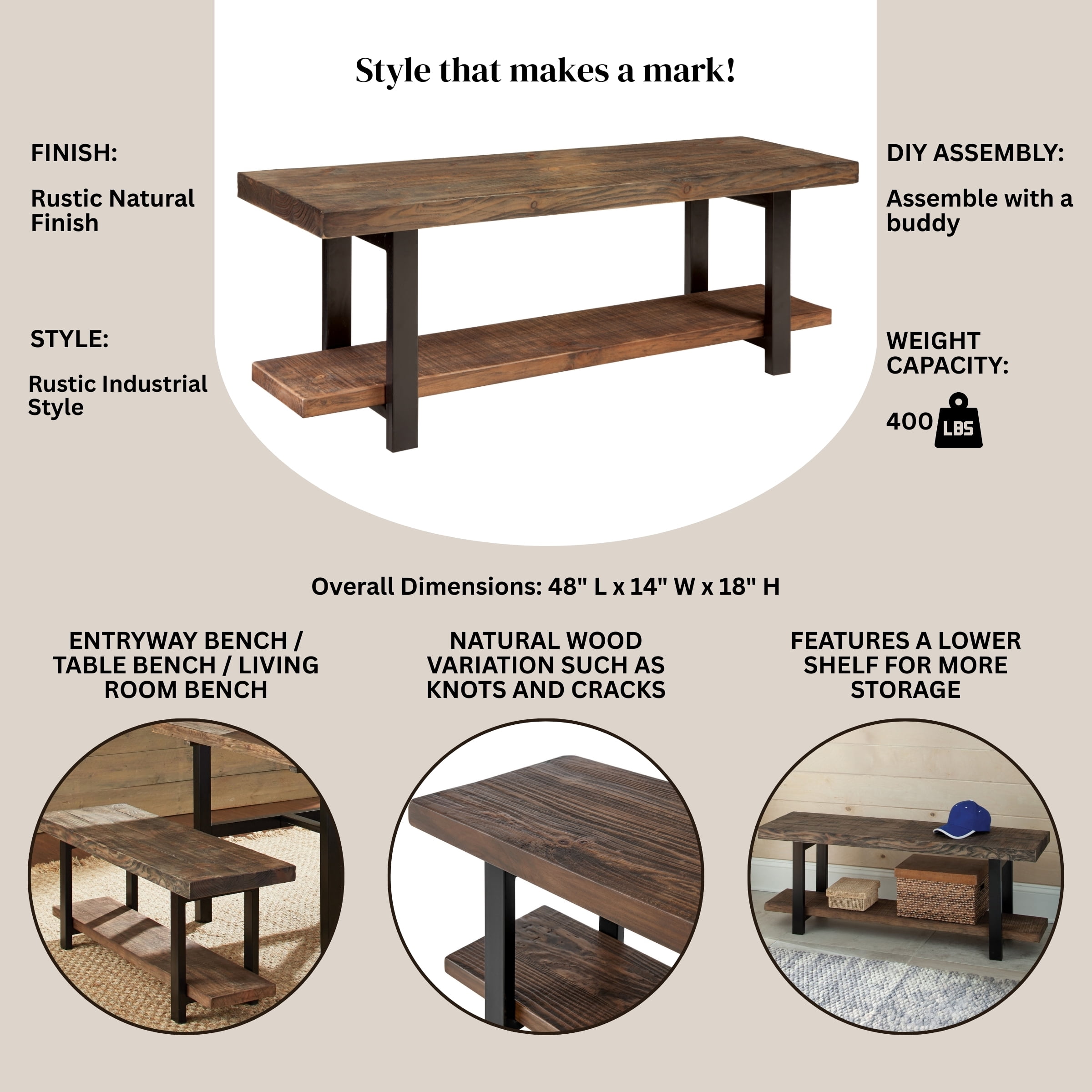 Alaterre Furniture Pomona Metal & Solid Wood Bench with Shelf and