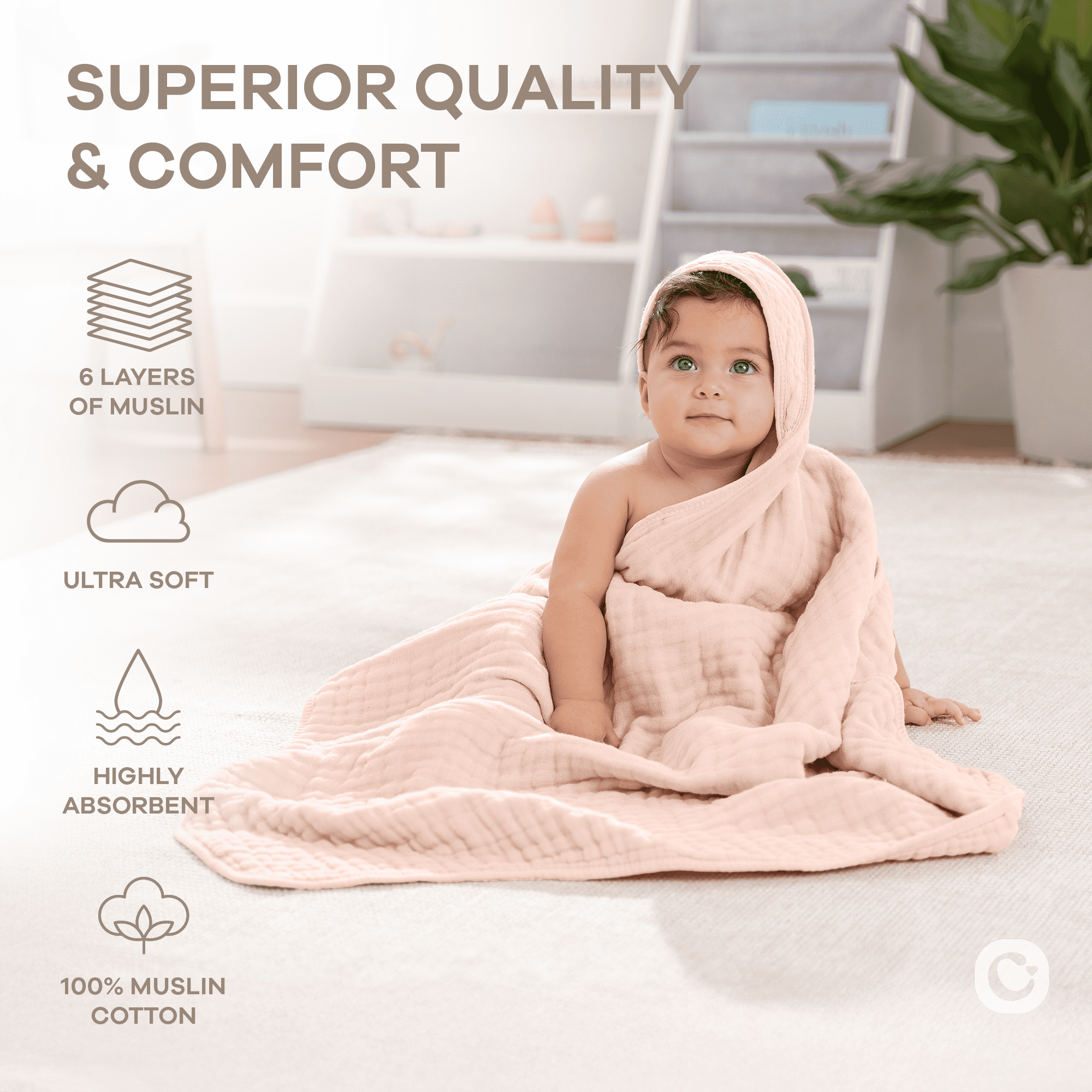 Comfy Cubs Hooded Baby Towels 2-Pack, Large 32" x 32" - 6 Layer, 100% Muslin Cotton, Blush