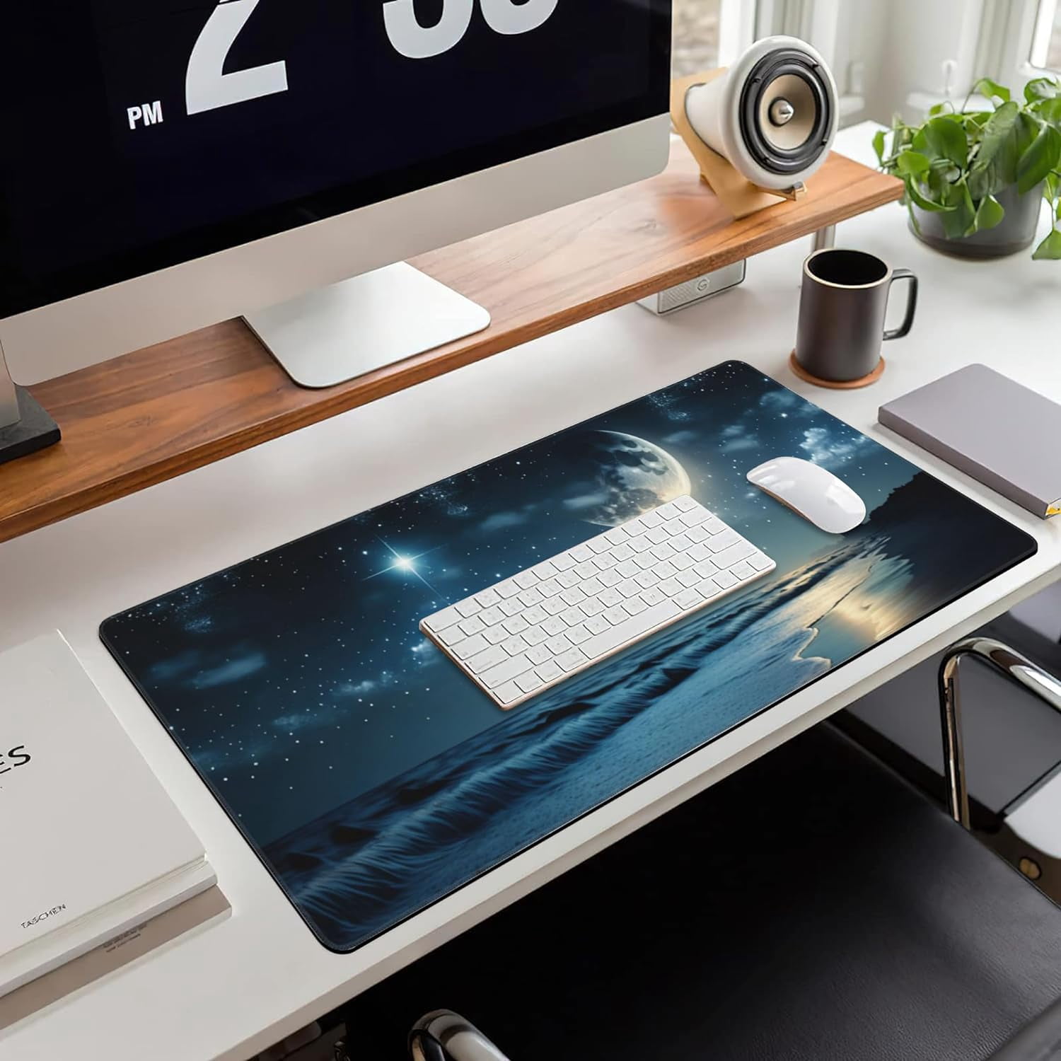 Desk Mat, Moon and Stars Above The Sea Extended Large Gaming Mouse Pad for Desk XXL, Non-Slip Rubber Base Stitched Edges Long Computer Keyboard Desk Pad Mouse Mat for Home Office Gaming 35.4"X15.7"