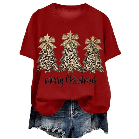 larppty Merry Christmas Shirts for Women Xmas Tree Shirt Top Short Sleeve Casual Graphic Print T Shirt (Red, XL)