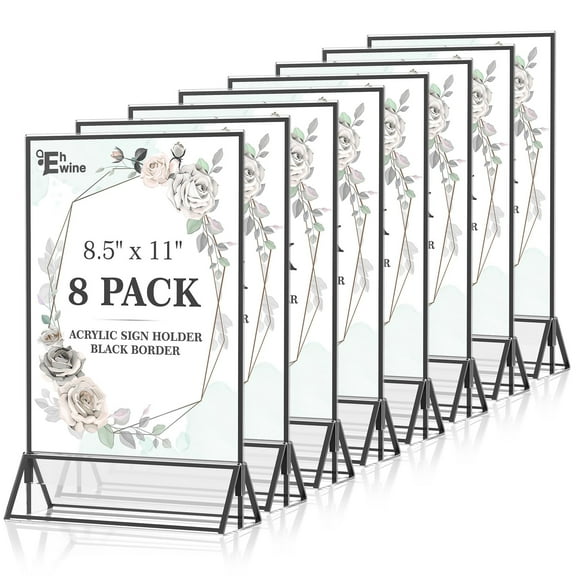 EHWINE 8 Pack Acrylic Sign Holder 8.5 x 11, Double Sided Black Picture Frame Stand up Table Top Sign Holders, Clear Display Stand Menu Flyer Holder for Wedding Party (Provide Non-slip Mats)