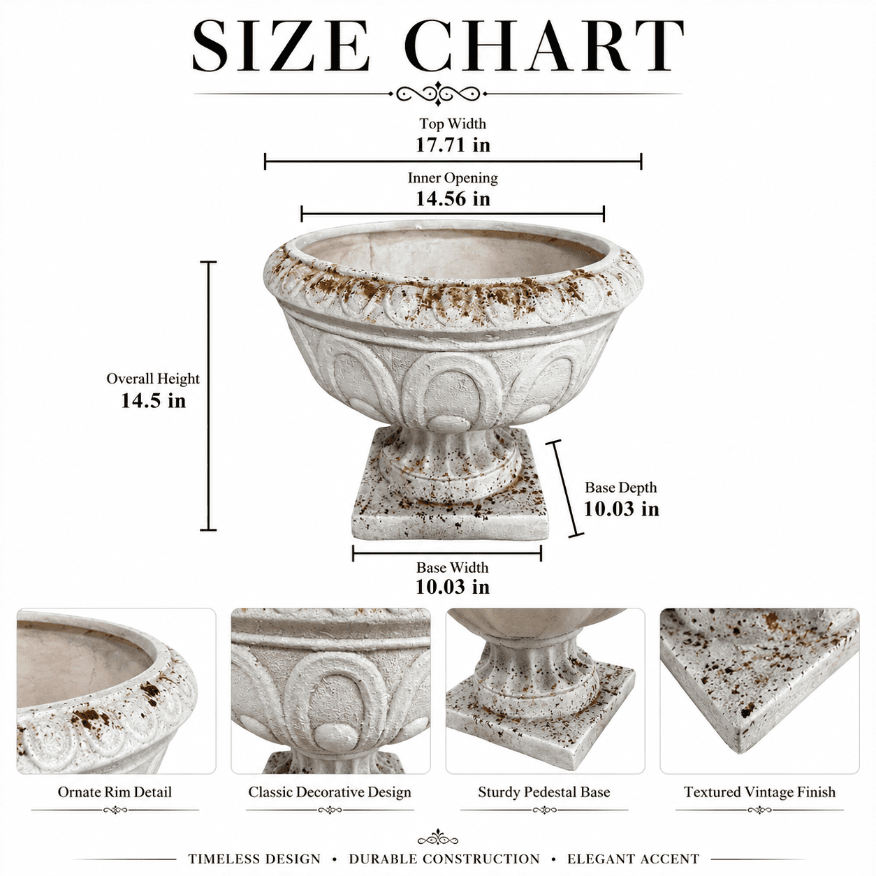 Aukfa Large MGO Garden Urn Planter, Outdoor Tall Decorative Stone-Look Flower Pot with Drainage Hole & Weather-Resistant, White