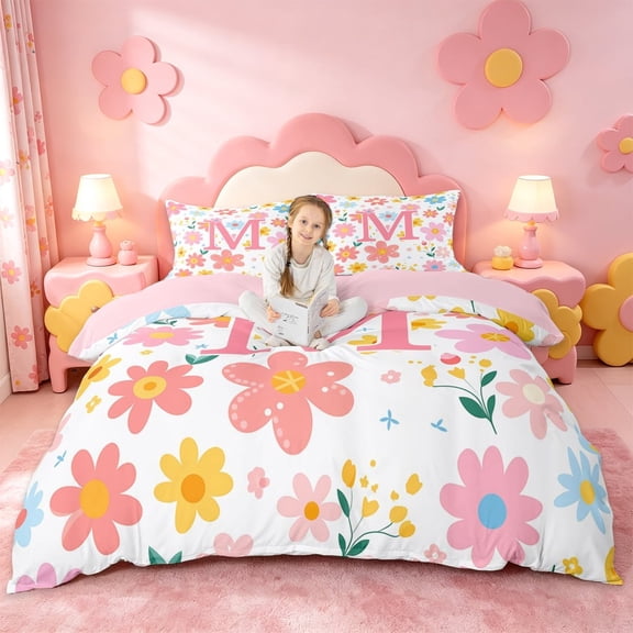 meiyoeat Girls Personalized Monogram M Gifts Duvet Cover Set For Kids,Watercolor Kawaii Floral Bedding Full,pink Reversible,3pcs(No Comforter)