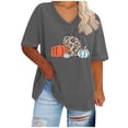 thumbnail image 2 of Puntoco Camiseta básica de verano de color liso con mangas cortas y cuello en V grande con diseño de calabaza de Acción de Gracias para mujer, 2 of 4
