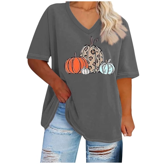 WREESH Plus Size Women Thanksgiving Shirt Pumpkin Graphic Graphic Tees Casual Short Sleeve V Neck T Shirts Fall Tops Gray