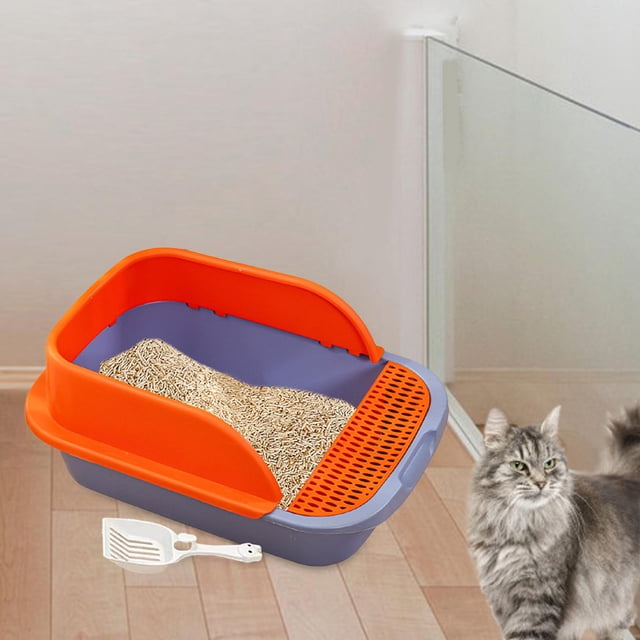 Caja de arena para gatos con pala con protector de dispersión Alta Lados altos Aire libre Parte abierta Caja de arena para gatos Bandeja de , Naranja azul, GRANDE Azul Naranja Grande