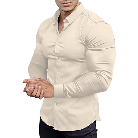 Breezora Men's Dress Shirt Muscle Fit Slim Fit Long Sleeve Casual Button Down for Sport Business and Everyday Wear L Size Beige