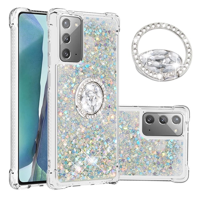 Funda para Samsung Galaxy Note 20 5G con Brillo Líquido Flotante, Purpurina, Parachoques y Anillo Giratorio Soporte