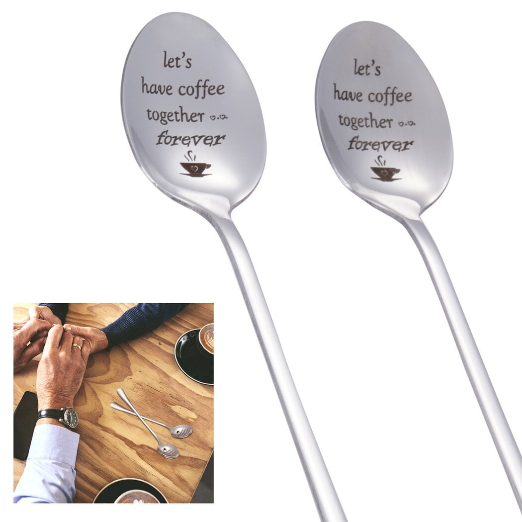 2Pcs Engraved Coffee Couple Spoons, 304 Stainless Steel Let's Have Coffee Together Forever