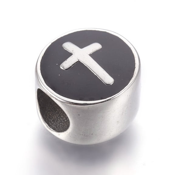 1 pc 304 Stainless Steel European Beads with Enamel Large Hole Beads Flat Round with Cross Stainless Steel color 11x8mm Hole: 5mm