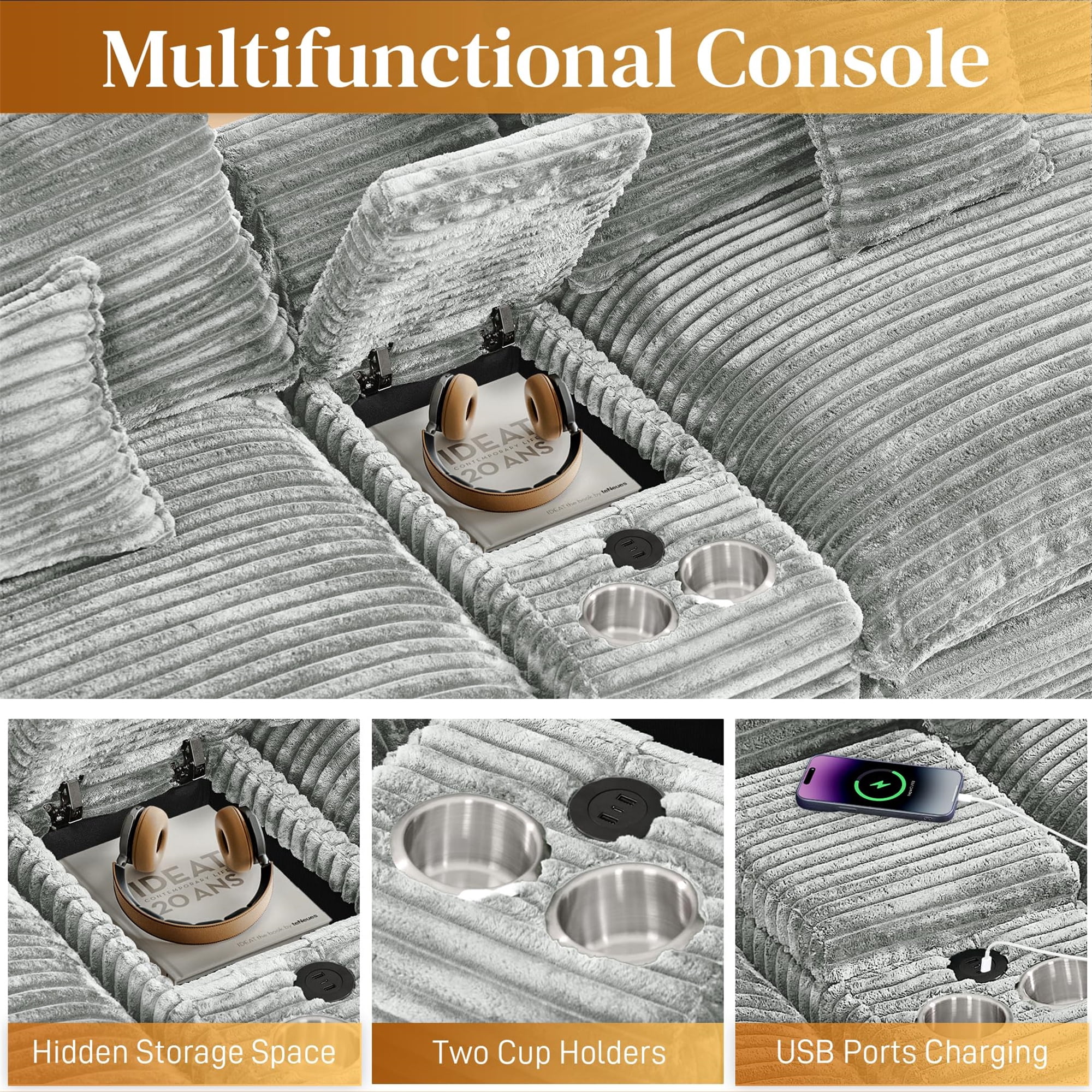 Aukfa 141" U Shaped Cloud Couch Oversized Sectional Sofa with USB & Cup Holder Storage Console Modular Sofa for Living Room, 2 Ottoman, Corduroy, Light Gray