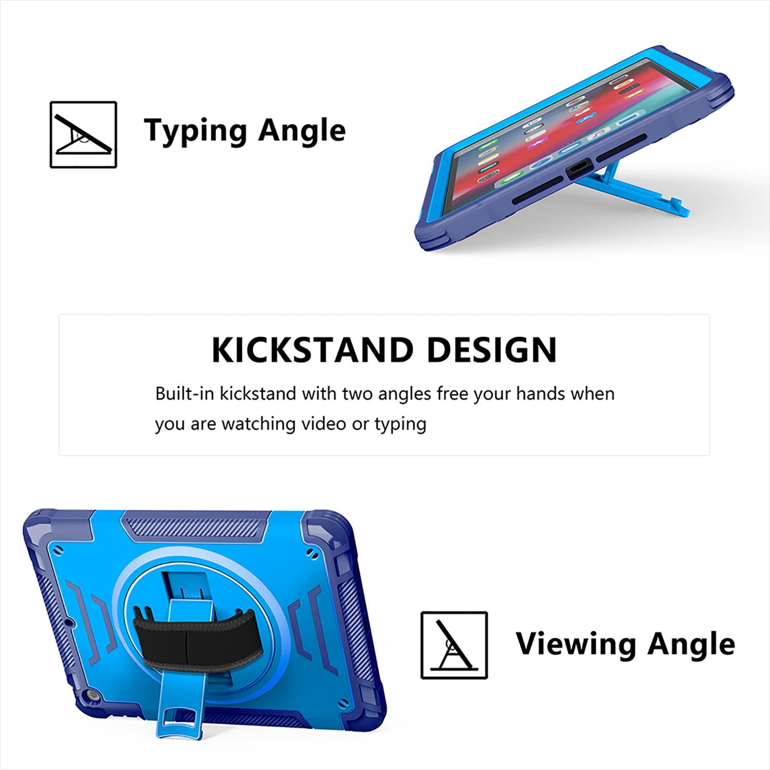 Shockproof Case for Apple iPad 6th 5th Generation, with Pencil Holder Military Grade Protection Rotating Stand Hand Strap Shoulder Strap Bumper Rugged Case for iPad 6th 5th Gen 9.7", Blue