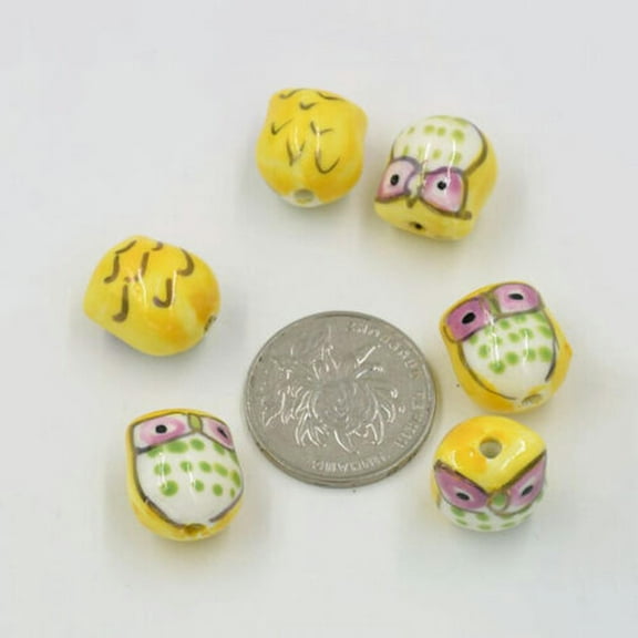 U8MO Owl Ceramic Bead Craft Loose Beads Jewelry DIY Bracelet Earrings Accessories-Yellow-5pcs