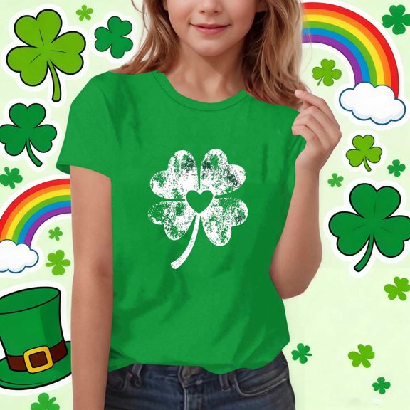 Kids St Patrick's Day Shirt Girls Good Fortune Shamrock Graphic Tee with Heart, Green Short Sleeve T-Shirt Soft Stretch Fabric 110-170,Size 7-8T