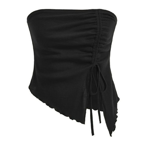 Gpoecd Tube Top Drawstring Side-Slit Irregular Texture Slim Fit Solid Color Strapless Vest Casual Womens Sleeveless Tops Black,S