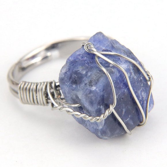 Granjero Gordo Anillo natural hecho a mano, anillo de piedra natural personalizado envuelto a mano con alambre de cobre y plata ajustable (azul)